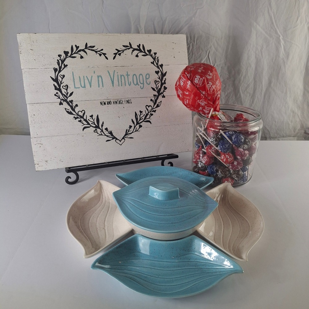 Vintage MCM L-33 USA Ceramic Leaf Chip and Dip Set‎ Speckled Blue Cream 6 Pieces